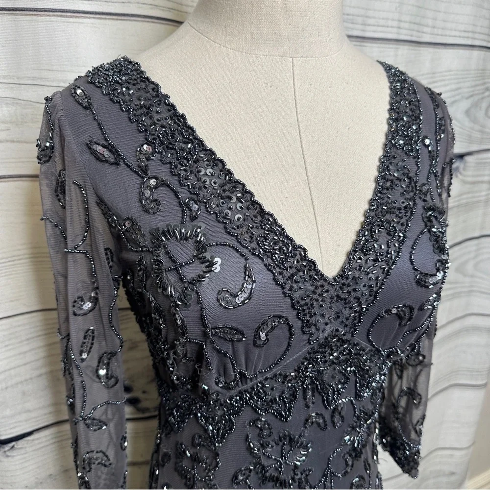 Gray evening v neck dress with intricate beading - Picture 2 of 4